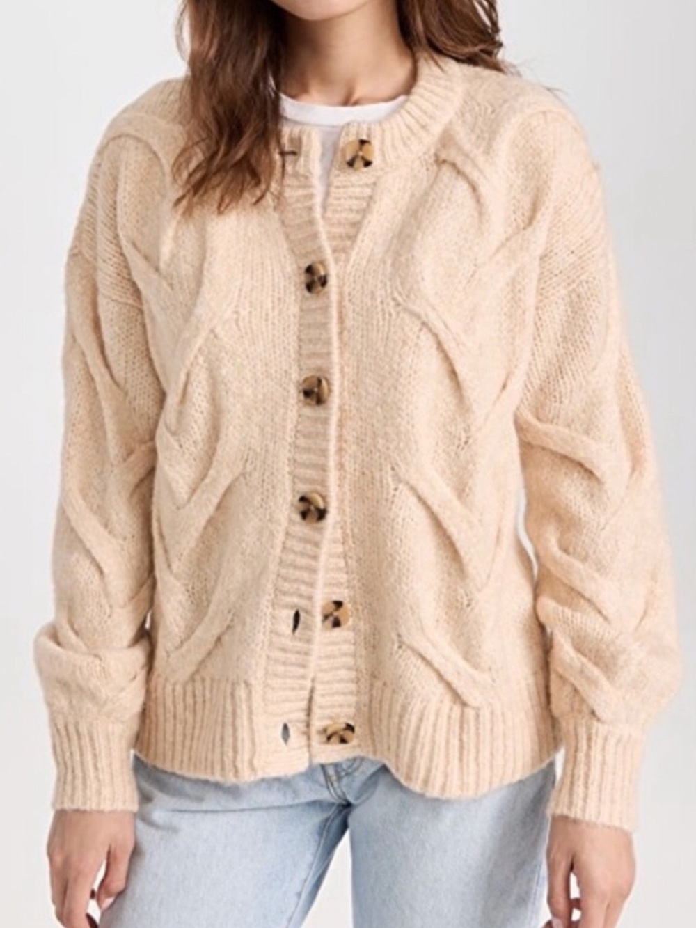 Madewell Sz M Soft Cream Ashmont Cable Knit Front Button Wool Blend Cardigan